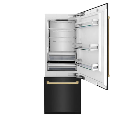 ZLINE 30" Autograph 16.1 cu. ft. 2-Door Bottom Freezer Fridge Water/Ice Dispenser Black Stainless Steel Gold Accents RBIVZ-BS-30-G