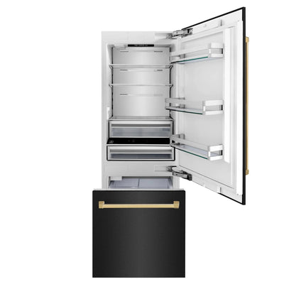 ZLINE 30" Autograph 16.1 cu. ft. 2-Door Bottom Freezer Fridge Water/Ice Dispenser Black Stainless Steel Gold Accents RBIVZ-BS-30-G