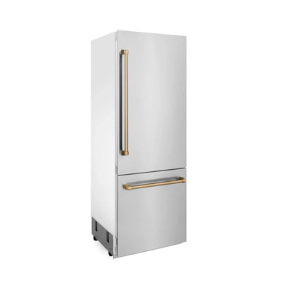 ZLINE 30" Autograph 16.1 cu. ft. 2-Door Bottom Freezer Fridge Water/Ice Dispenser Stainless Steel Champagne Bronze Accents RBIVZ-304-30-CB