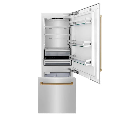 ZLINE 30" Autograph 16.1 cu. ft. 2-Door Bottom Freezer Fridge Water/Ice Dispenser Stainless Steel Champagne Bronze Accents RBIVZ-304-30-CB