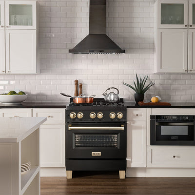 ZLINE 30" Autograph Dual Fuel Range, Black Stainless, Gold, RABZ-30-G