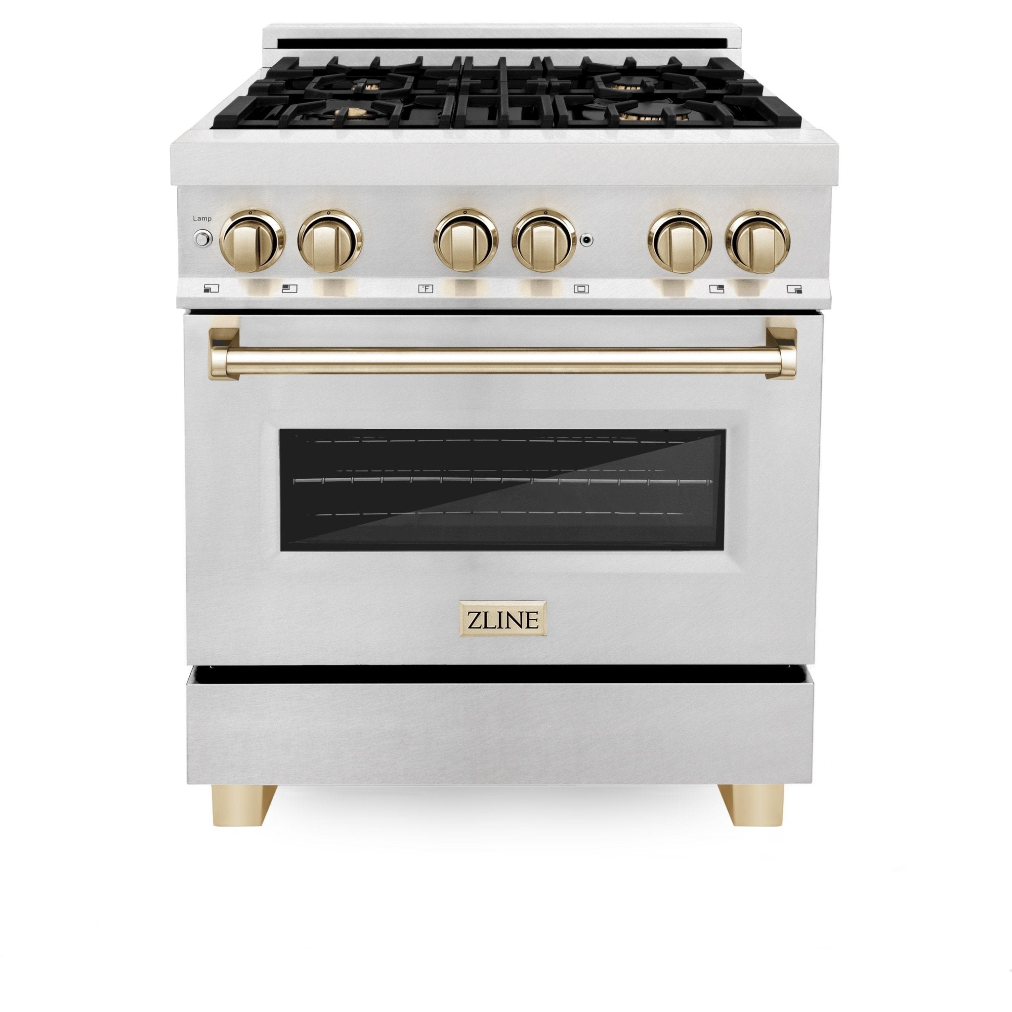 ZLINE 30" Autograph Dual Fuel Range, DuraSnow Stainless, Gold, RASZ-SN-30-G