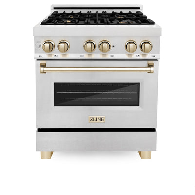 ZLINE 30" Autograph Dual Fuel Range, DuraSnow Stainless, Gold, RASZ-SN-30-G