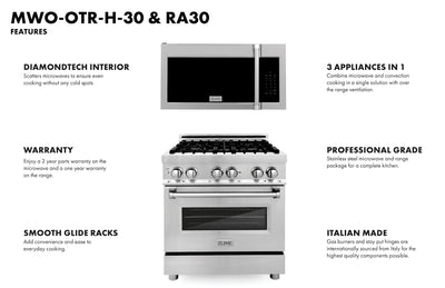 ZLINE 30" Range RA30 & Microwave MWO-OTR-H-30 Bundle, 2KP-RAOTRH30