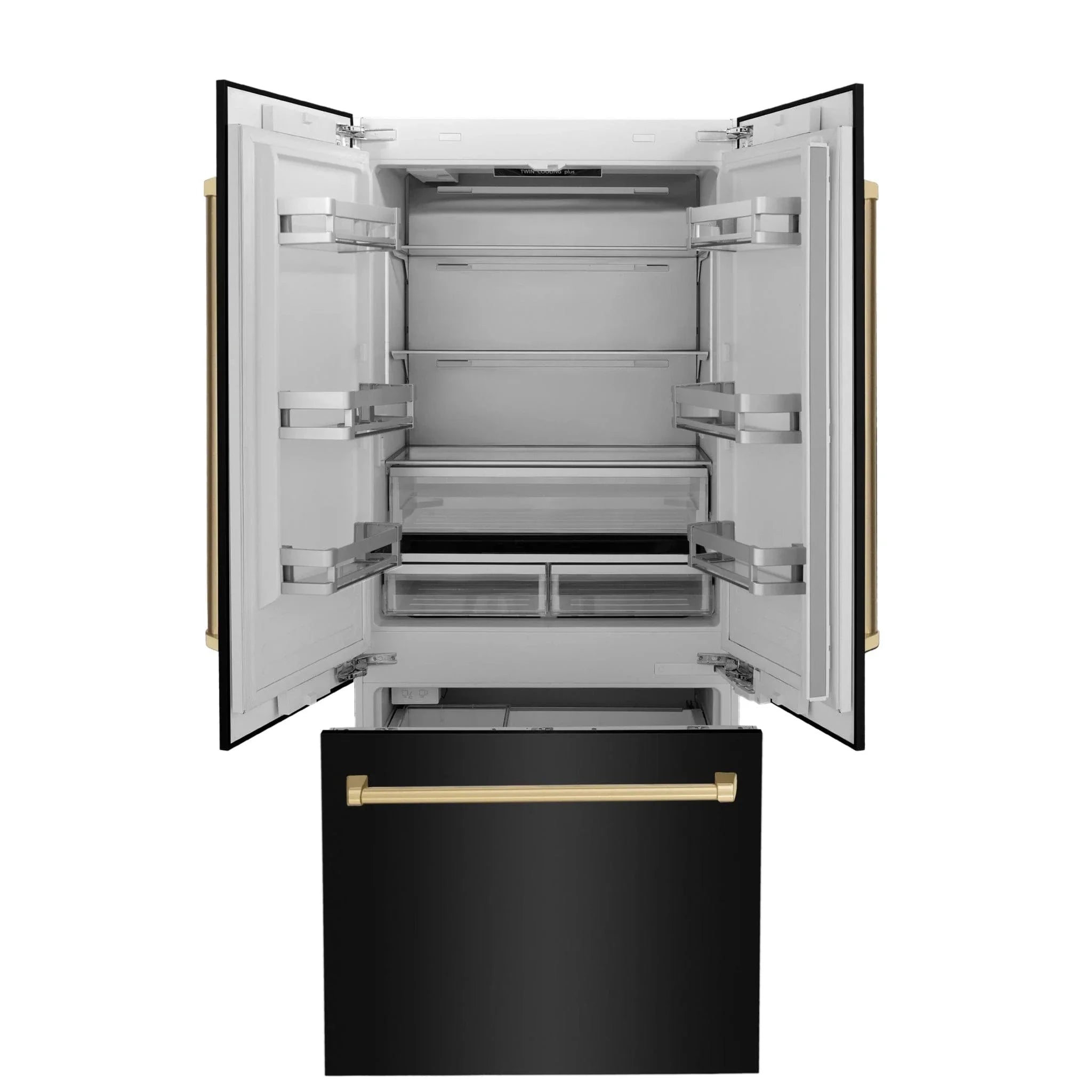 ZLINE 36" Autograph 19.6 cu. ft. 3-Door French Door Fridge Water/Ice Dispenser Black Stainless Steel Champagne Bronze Accents RBIVZ-BS-36-CB
