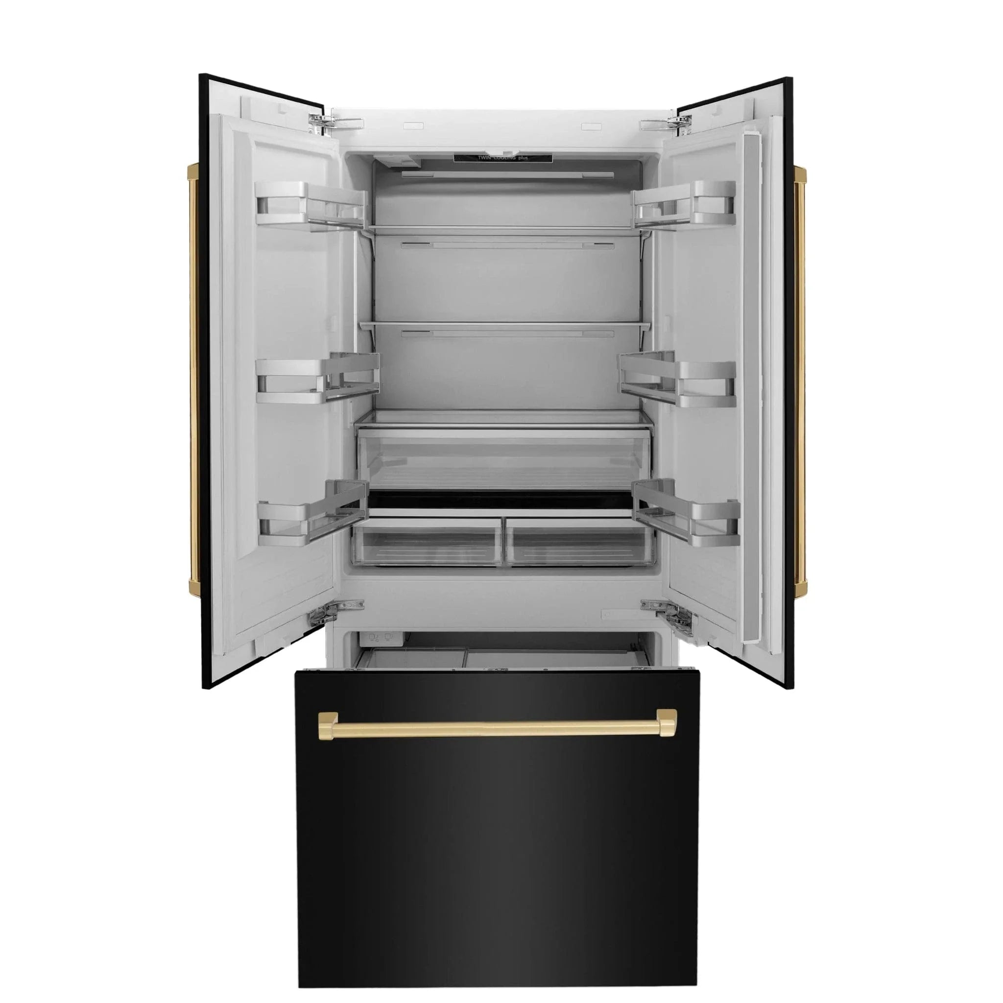 ZLINE 36" Autograph 19.6 cu. ft. 3-Door French Door Fridge Water/Ice Dispenser Black Stainless Steel Gold Accents RBIVZ-BS-36-G