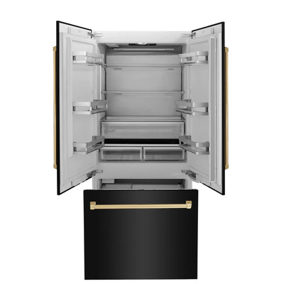 ZLINE 36" Autograph 19.6 cu. ft. 3-Door French Door Fridge Water/Ice Dispenser Black Stainless Steel Gold Accents RBIVZ-BS-36-G