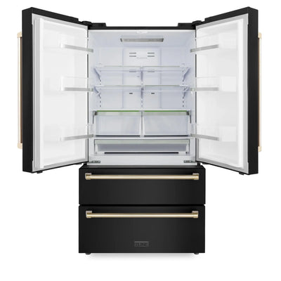 ZLINE 36" Autograph 22.5 cu. Ft French Door Refrigerator with Ice Maker Black Stainless Steel with Gold Accents RFMZ-36-BS-G