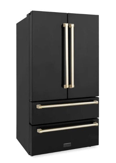 ZLINE 36" Autograph 22.5 cu. Ft French Door Refrigerator with Ice Maker Black Stainless Steel with Gold Accents RFMZ-36-BS-G