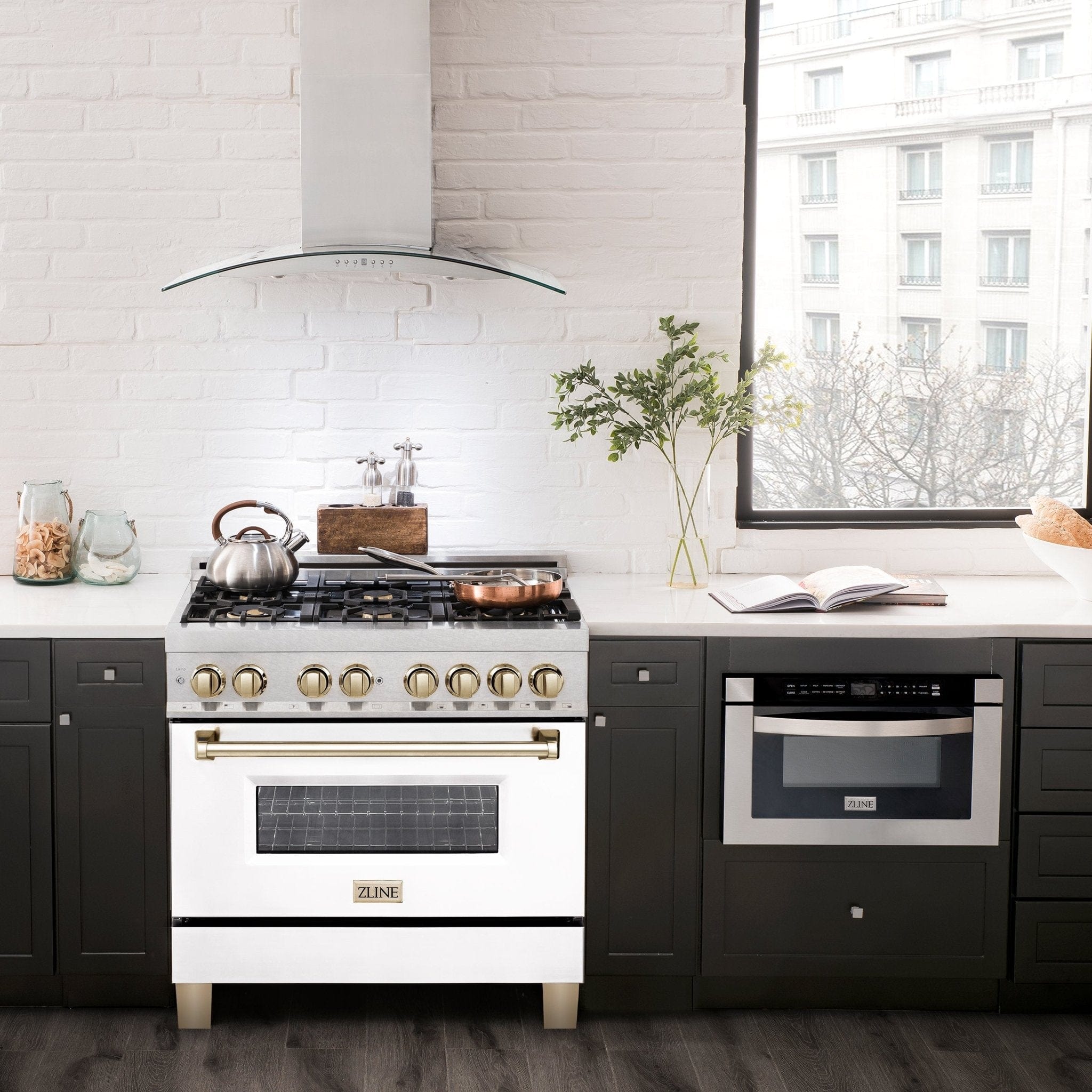 ZLINE 36" Autograph Dual Fuel Range, White, Champaign Accents, RAZ-WM-36-CB