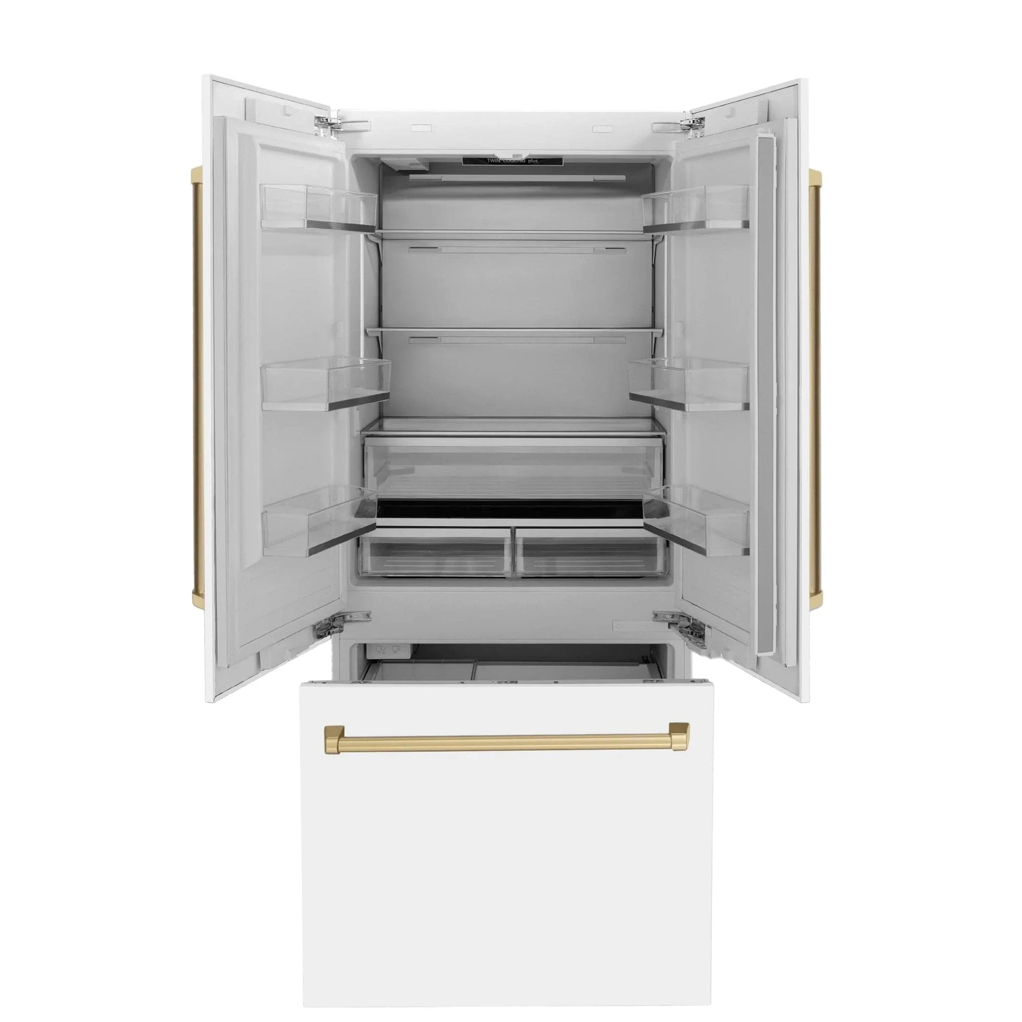 ZLINE Autograph Edition French Door Refrigerator, Internal Water, Ice Dispenser, White Matte, Champagne Bronze Accents RBIVZ-WM