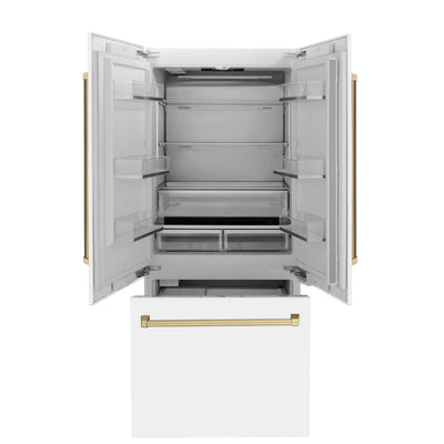ZLINE Autograph Edition French Door Refrigerator, Internal Water, Ice Dispenser, White Matte, Champagne Bronze Accents RBIVZ-WM