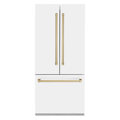 ZLINE Autograph Edition French Door Refrigerator, Internal Water, Ice Dispenser, White Matte, Champagne Bronze Accents RBIVZ-WM