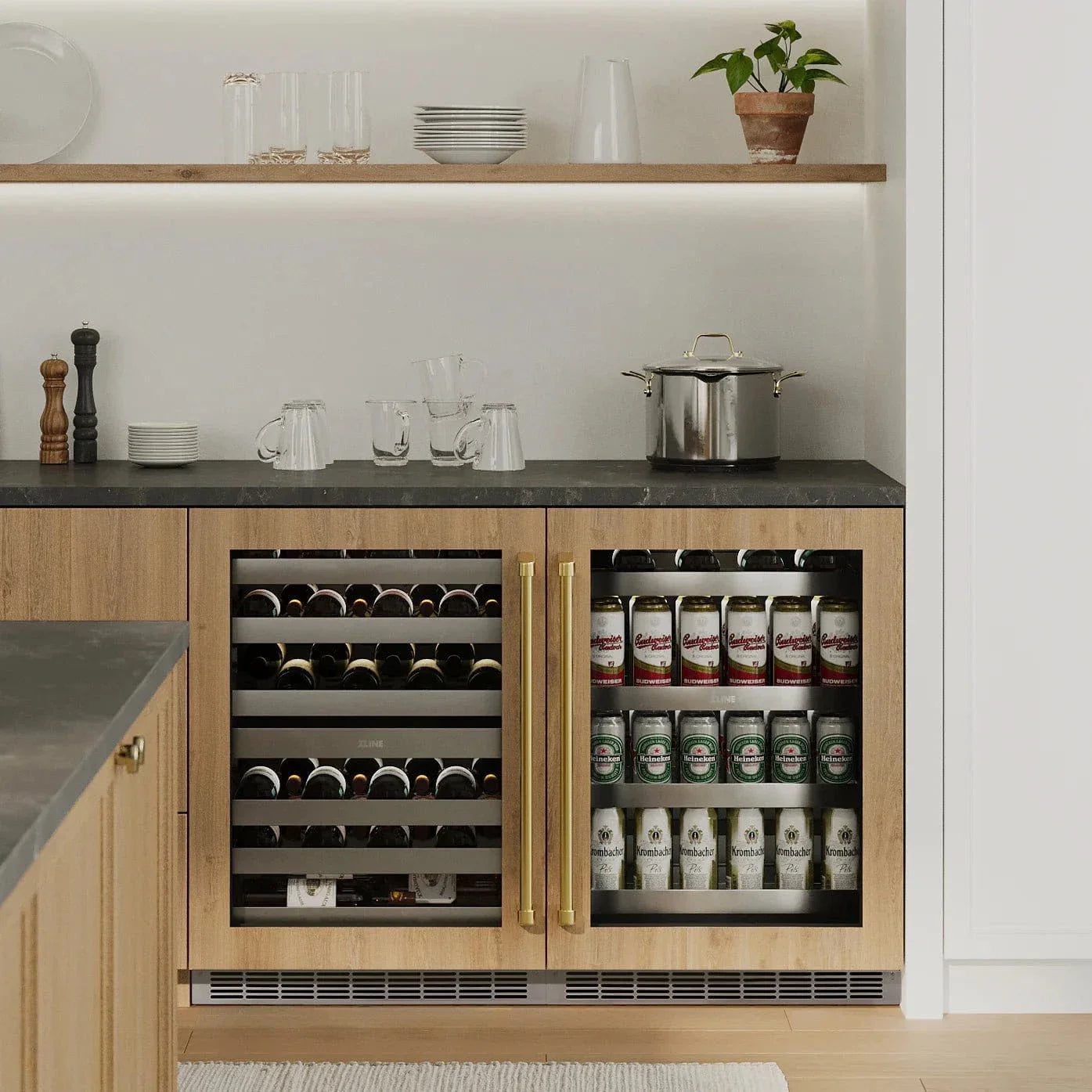 ZLINE Autograph 24 in. Dual Zone 44 Bottle Wine Cooler With Panel Ready Glass Door And Champagne Bronze Handle RWDPOZ-24-CB