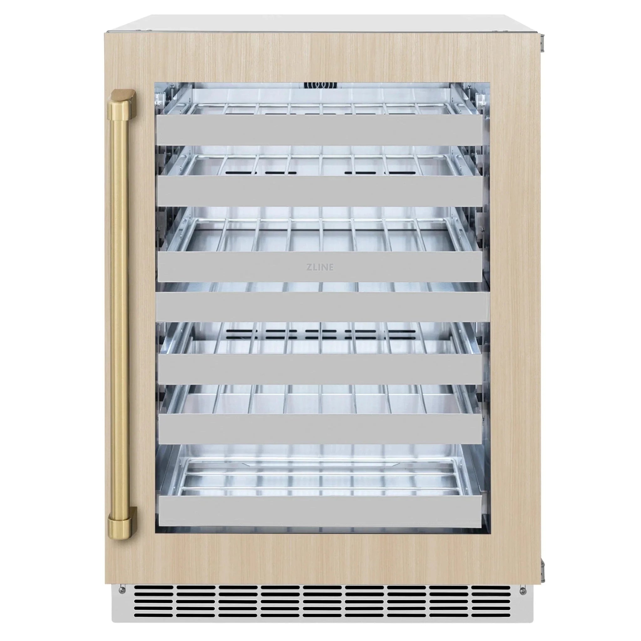 ZLINE Autograph 24 in. Dual Zone 44 Bottle Wine Cooler With Panel Ready Glass Door And Champagne Bronze Handle RWDPOZ-24-CB