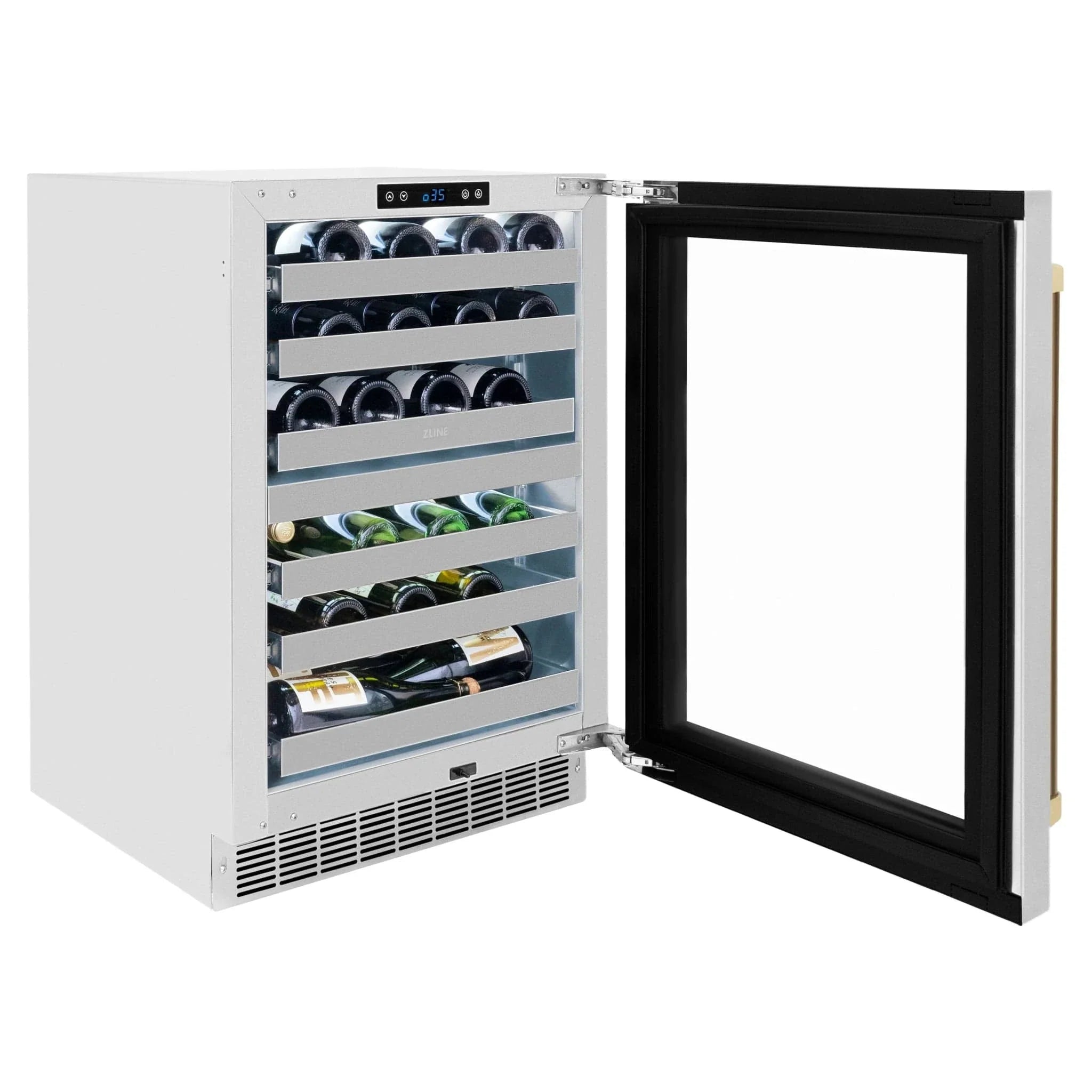 ZLINE Autograph 24 in. Dual Zone 44 Bottle Wine Cooler With Stainless Steel Glass Door And Champagne Bronze Handle RWDOZ-GS-24-CB