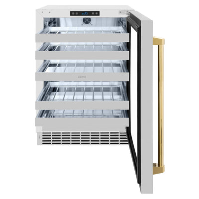 ZLINE Autograph 24 in. Dual Zone 44 Bottle Wine Cooler With Stainless Steel Glass Door And Polished Gold Handle RWDOZ-GS-24-G