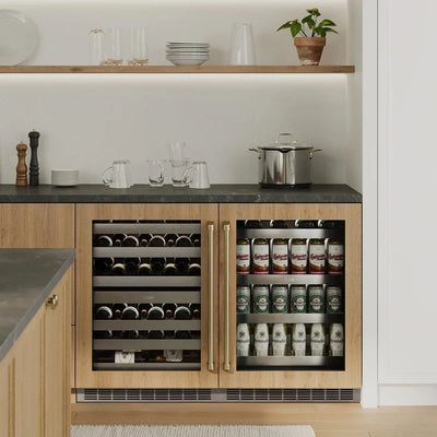 ZLINE Autograph 24 in. Dual Zone 44 Bottle Wine Cooler With Stainless Steel Glass Door And Polished Gold Handle RWDOZ-GS-24-G