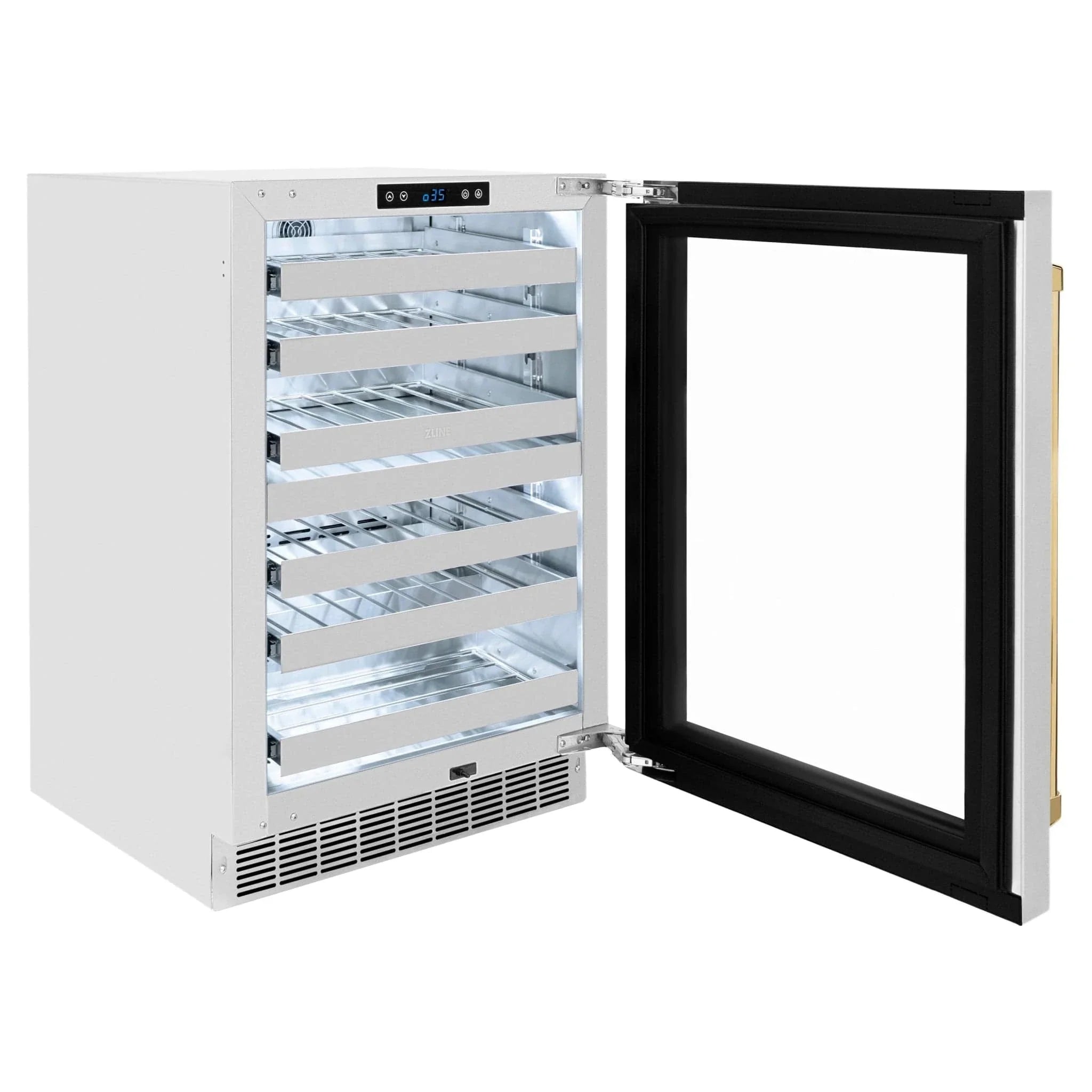 ZLINE Autograph 24 in. Dual Zone 44 Bottle Wine Cooler With Stainless Steel Glass Door And Polished Gold Handle RWDOZ-GS-24-G