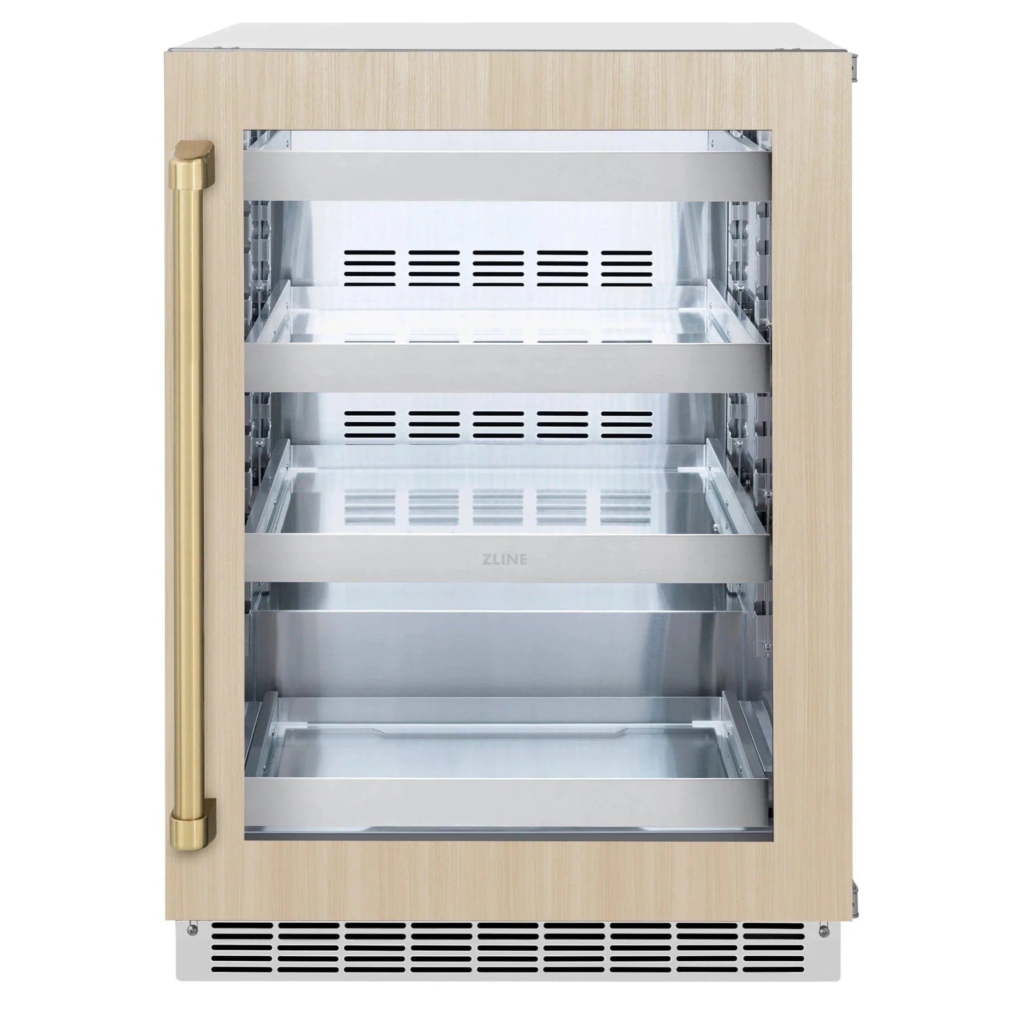 ZLINE Autograph Edition 24 in. Touchstone 151 Can Beverage Fridge With Panel Ready Glass Door And Champagne Bronze Handle RBSPOZ-24-CB