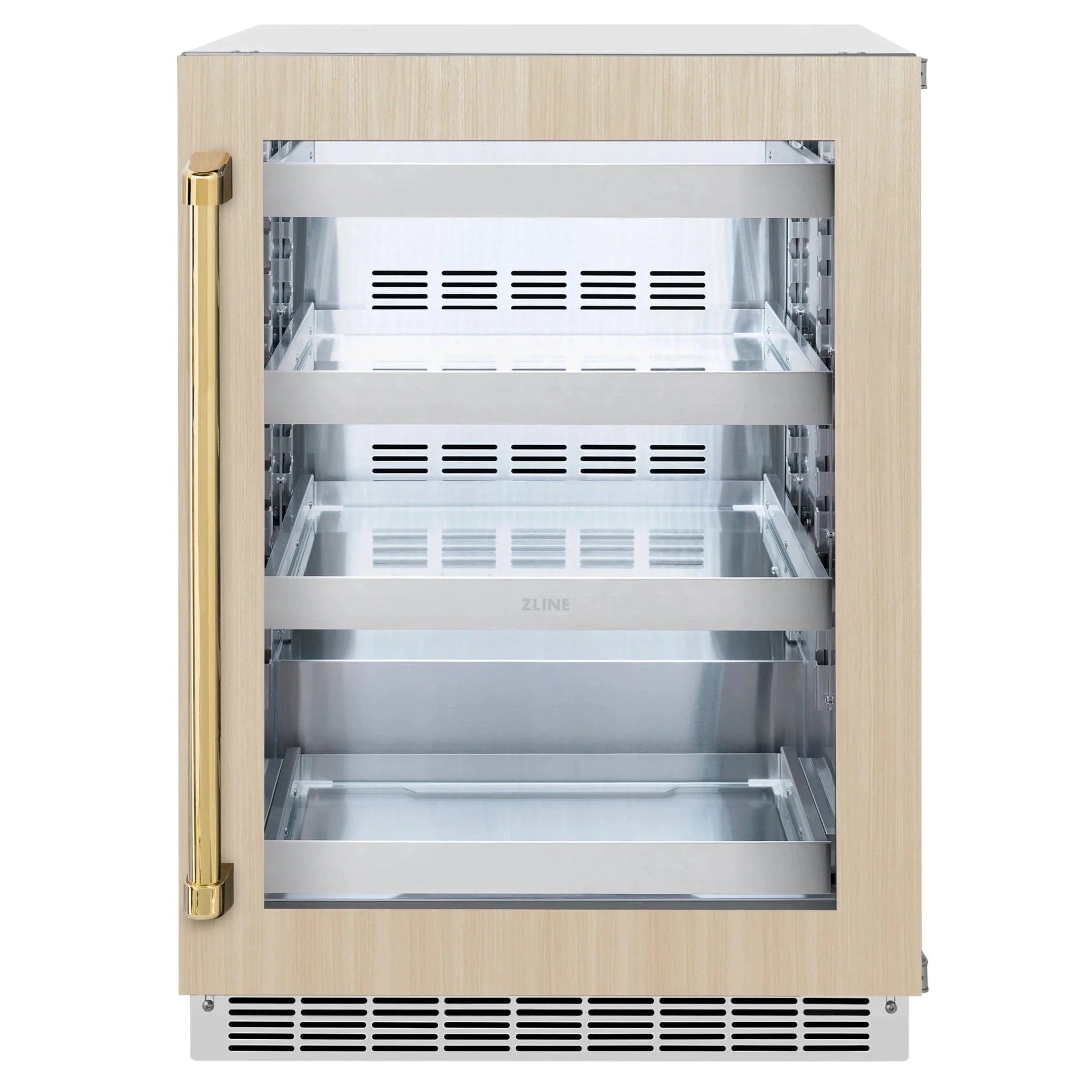 ZLINE Autograph Edition 24 in. Touchstone 151 Can Beverage Fridge With Panel Ready Glass Door And Polished Gold Handle RBSPOZ-24-G