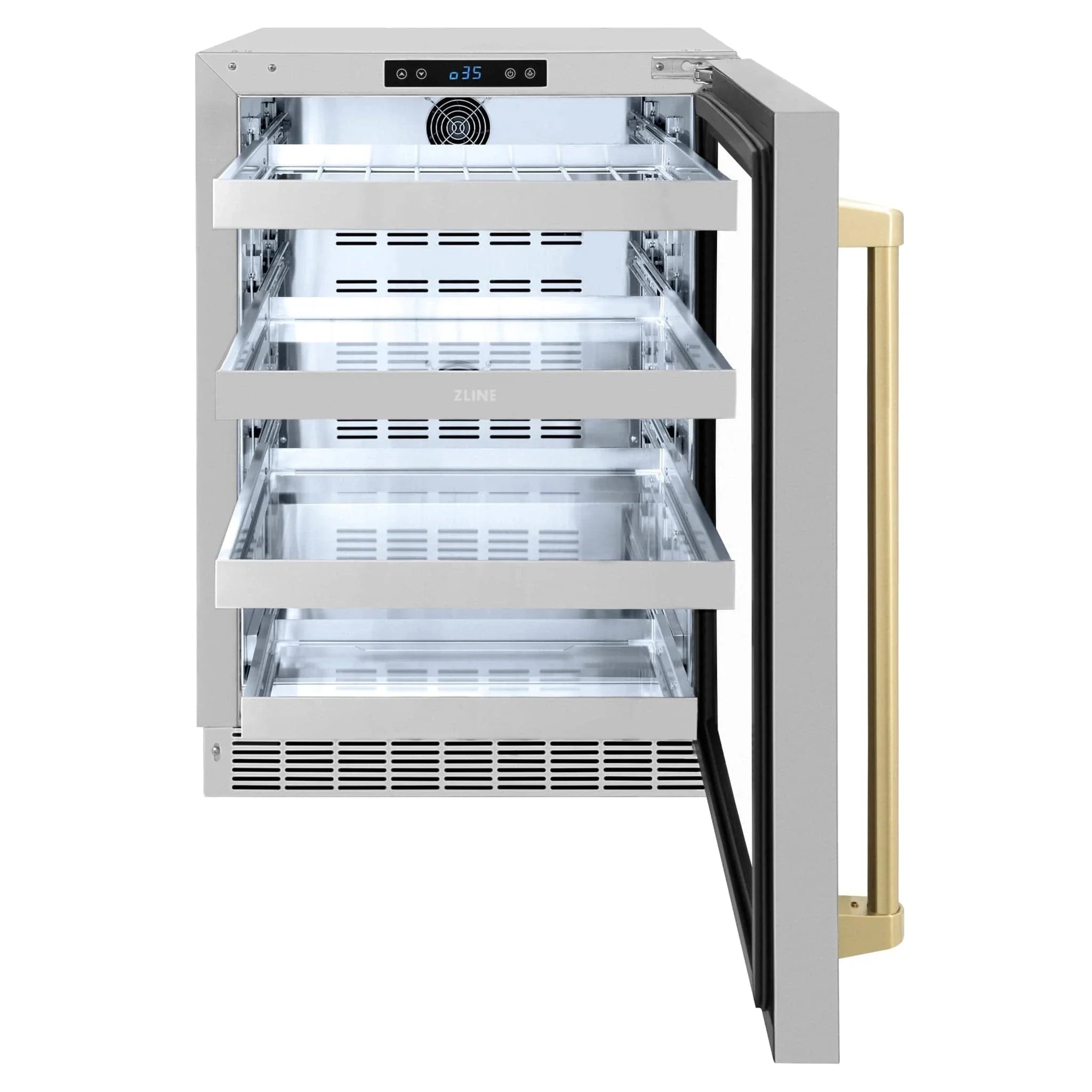 ZLINE Autograph Edition 24 in. Touchstone 151 Can Beverage Fridge With Stainless Steel Glass Door And Champagne Bronze Handle RBSOZ-GS-24-CB