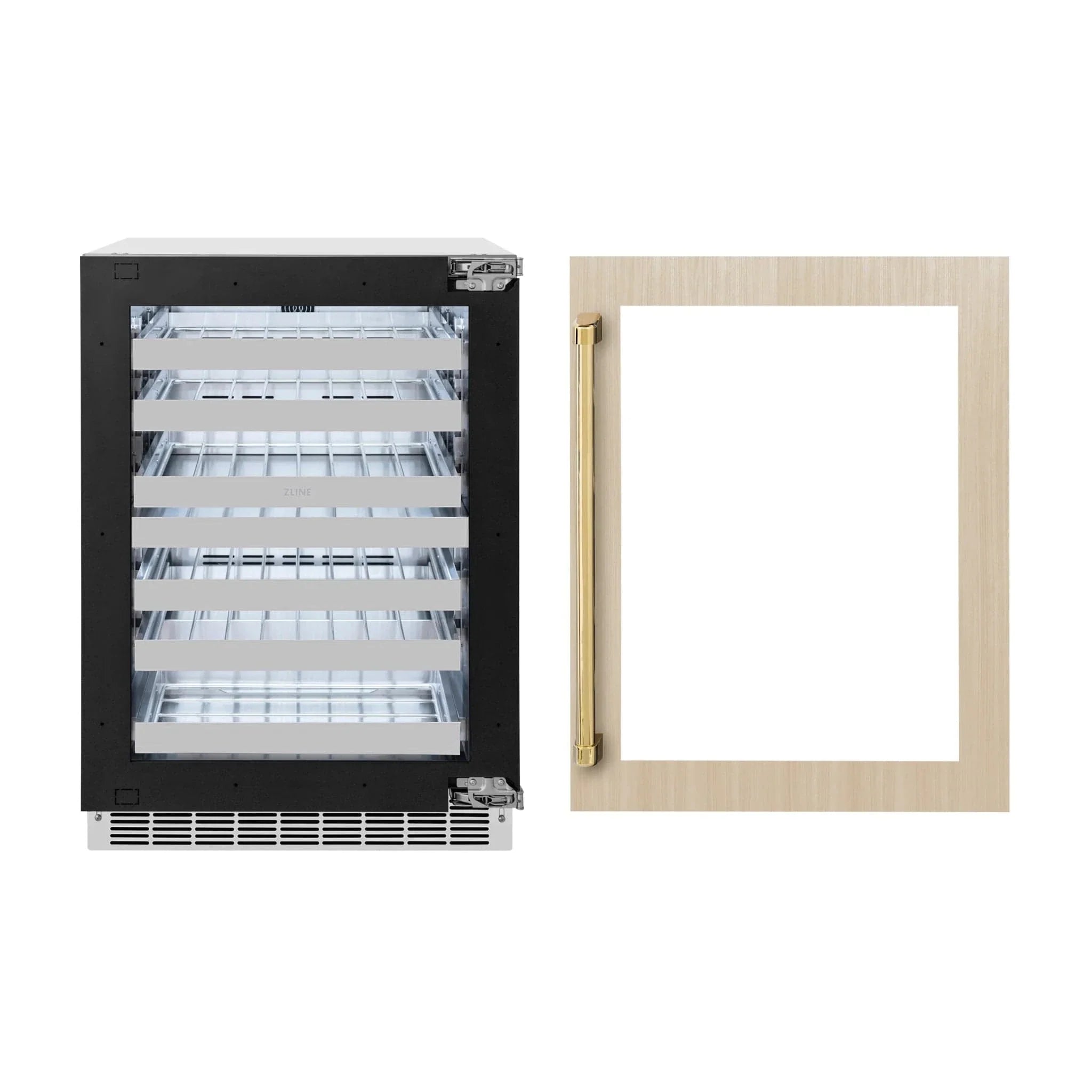 ZLINE Autograph Edition 24 in. Touchstone Dual Zone 44 Bottle Wine Cooler With Panel Ready Glass Door And Polished Gold Handle RWDPOZ-24-G