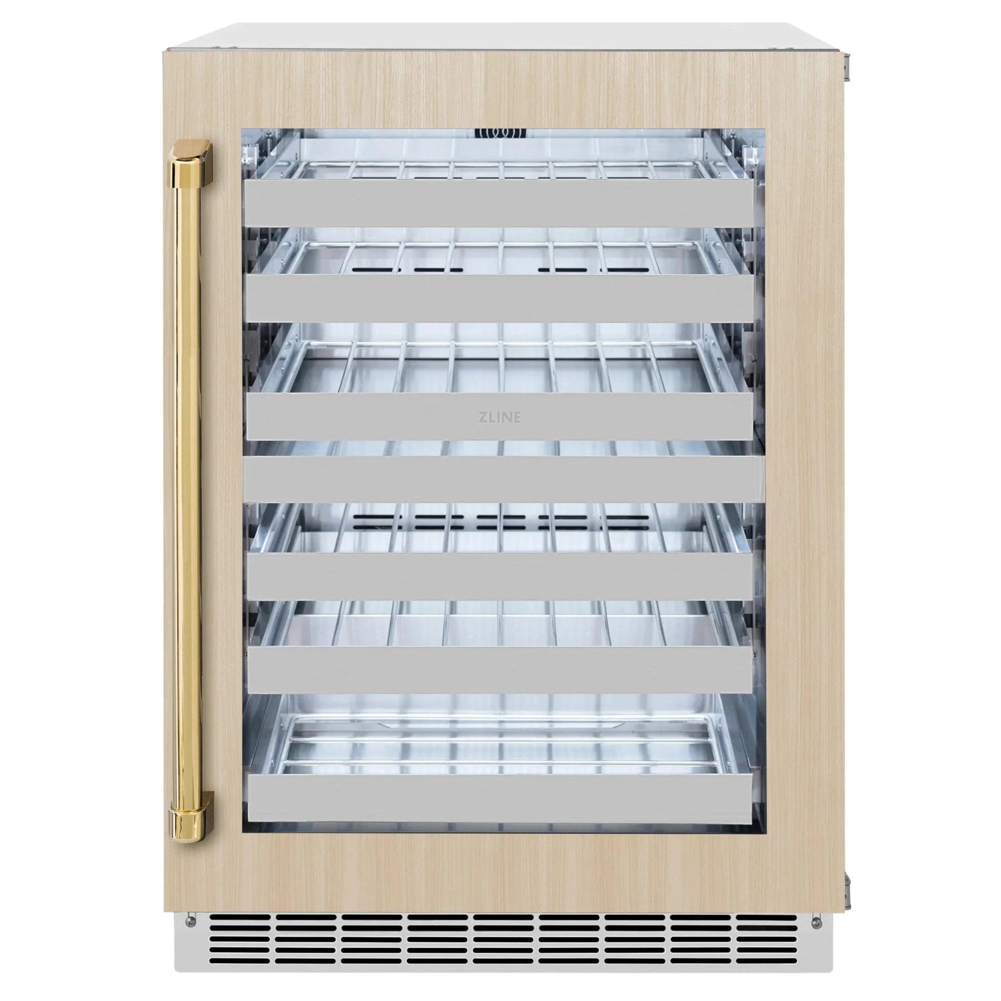 ZLINE Autograph Edition 24 in. Touchstone Dual Zone 44 Bottle Wine Cooler With Panel Ready Glass Door And Polished Gold Handle RWDPOZ-24-G