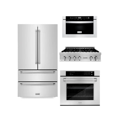 ZLINE Kitchen Package Refrigerator, Rangetop, Wall Oven, Microwave 4KPR-RT36-MWAWS