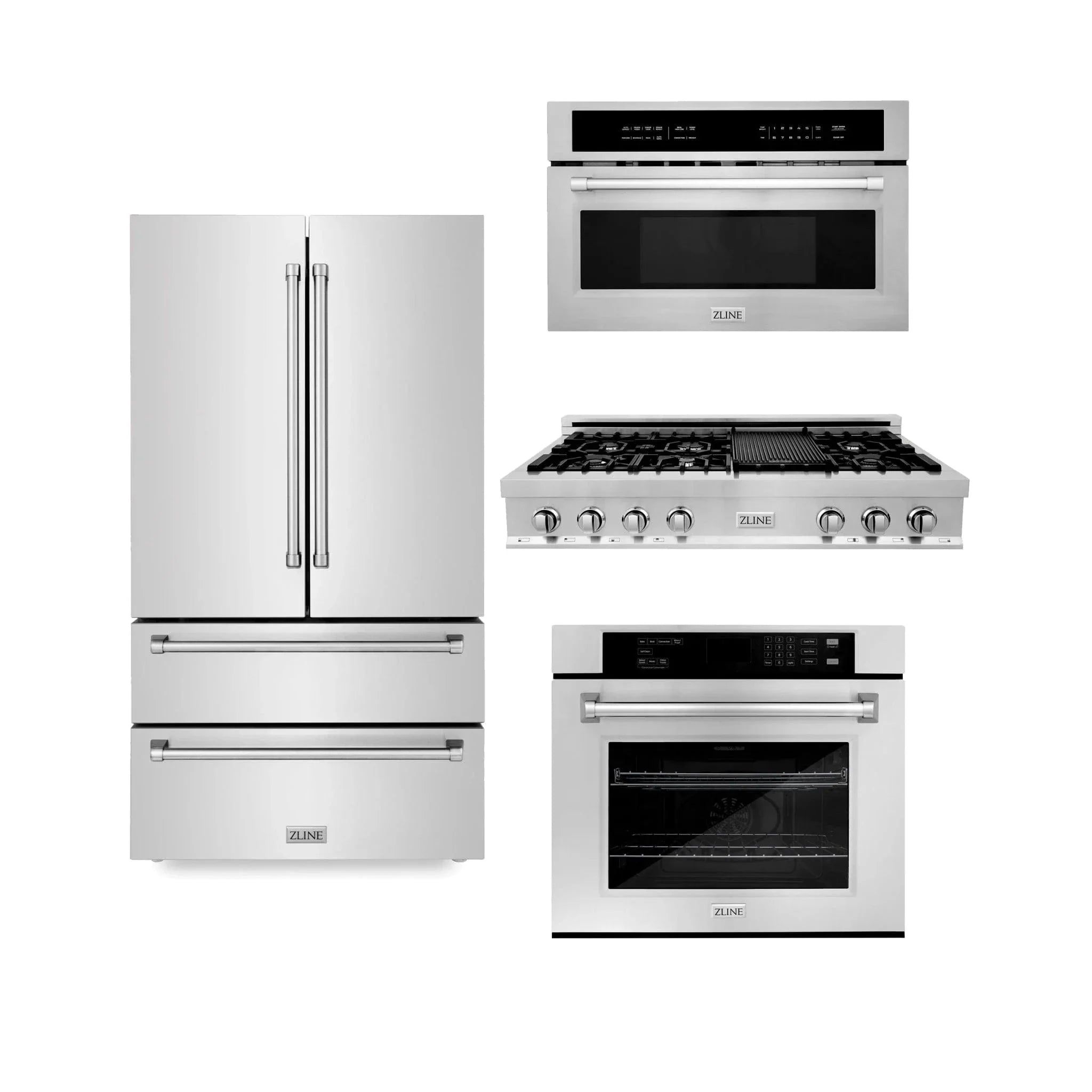 ZLINE Kitchen Package Refrigerator, Rangetop, Wall Oven, Microwave 4KPR-RT48-MWAWS